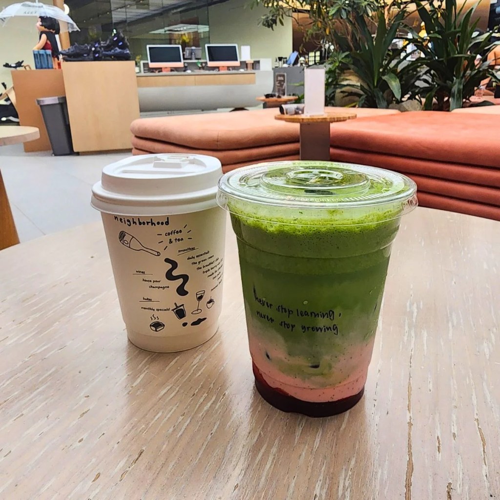 Neighborhood Coffee Bar Black Coffee and Strawberry macha